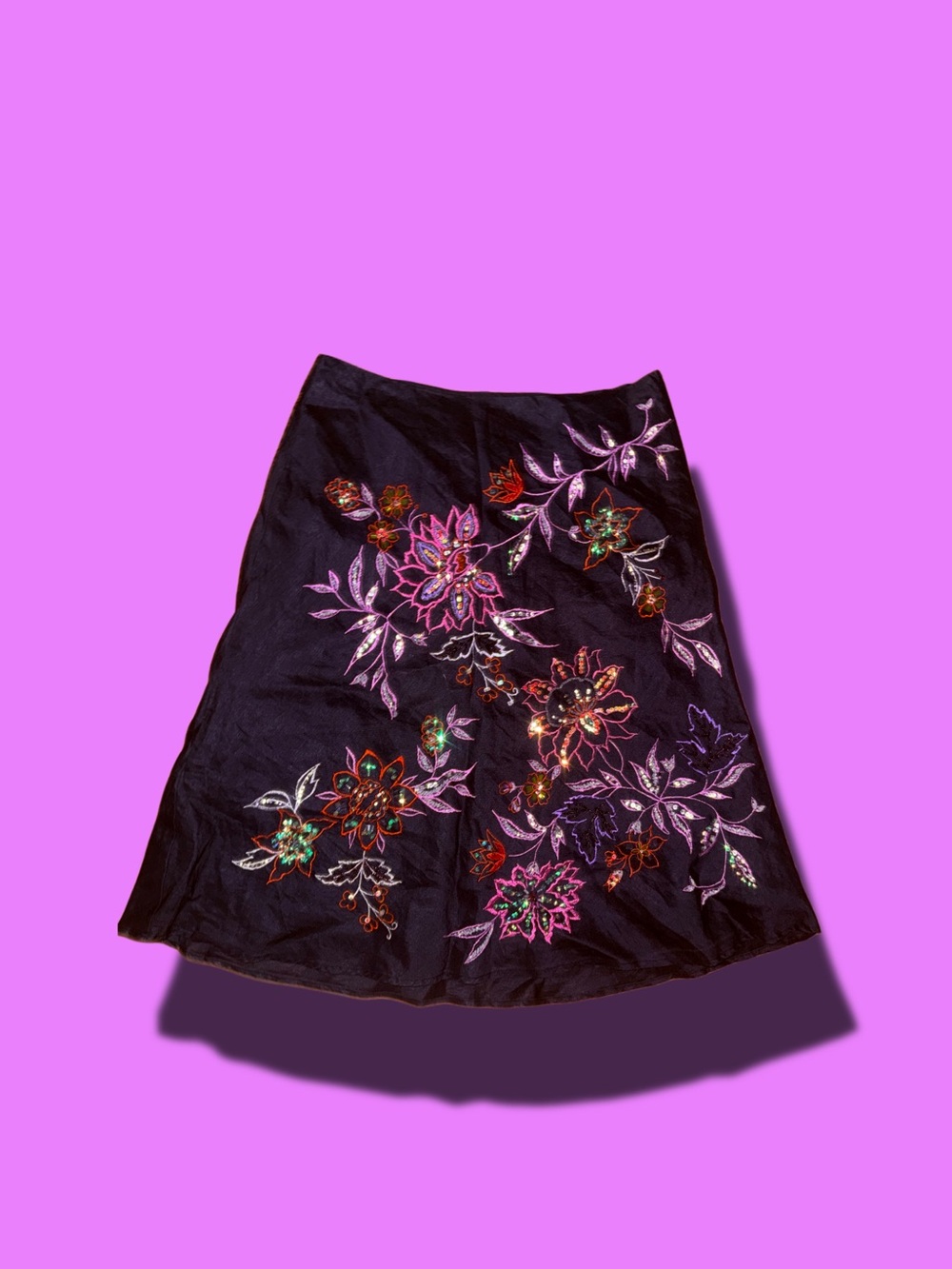 Anne Carson Black A-Line Skirt with Pink, Purple & Green Floral Embroidery